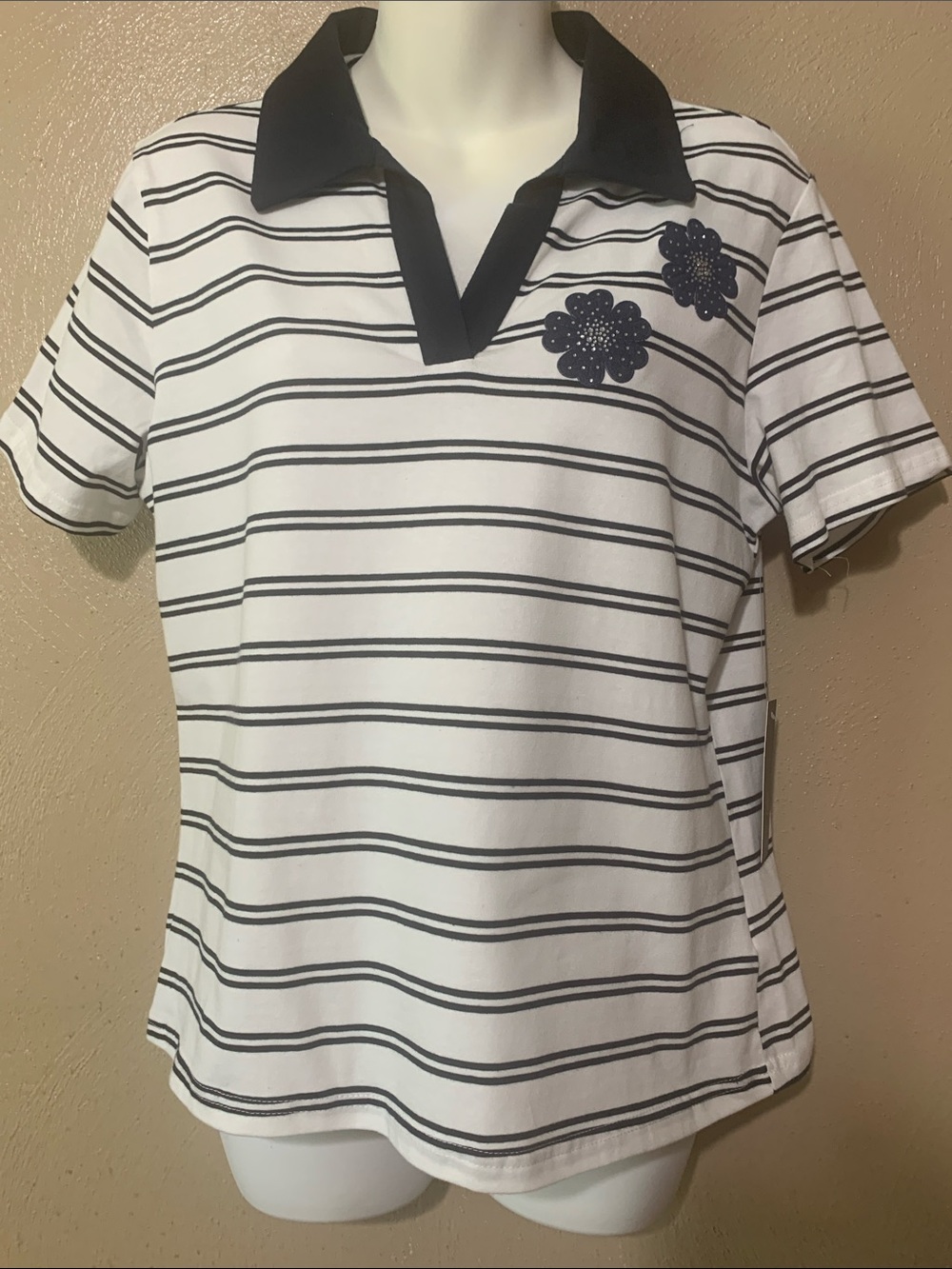 On 12th size L Navy Striped Top Denim Embroidered Flowers - NWT